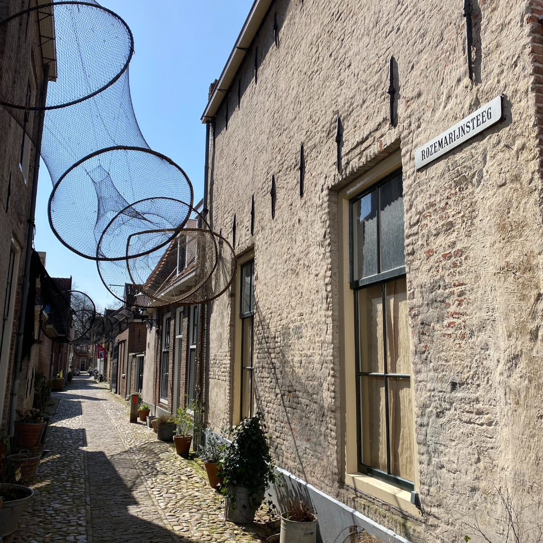 Smalle straat met historische bakstenen gevels en uithangborden.
